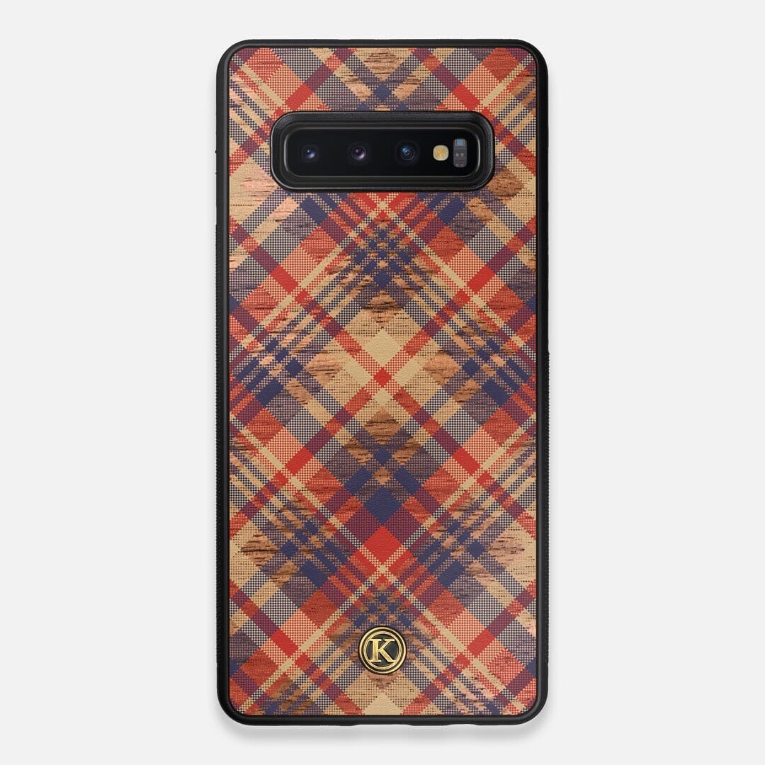 Front view of the Tartan print of beige, blue, and red on Walnut wood Galaxy S10+ Case by Keyway Designs