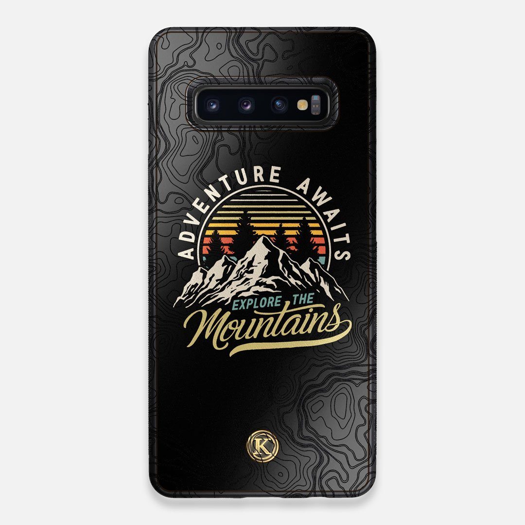 Front view of the crisp topographical map with Explorer badge printed on matte black impact acrylic Galaxy S10+ Case by Keyway Designs