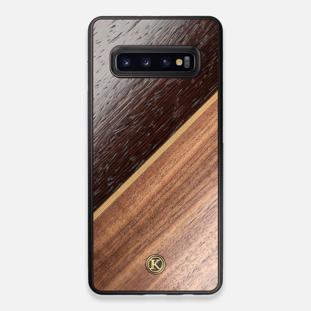 Front view of the Alium Walnut, Gold, and Wenge Elegant Wood Galaxy S10+ Case by Keyway Designs