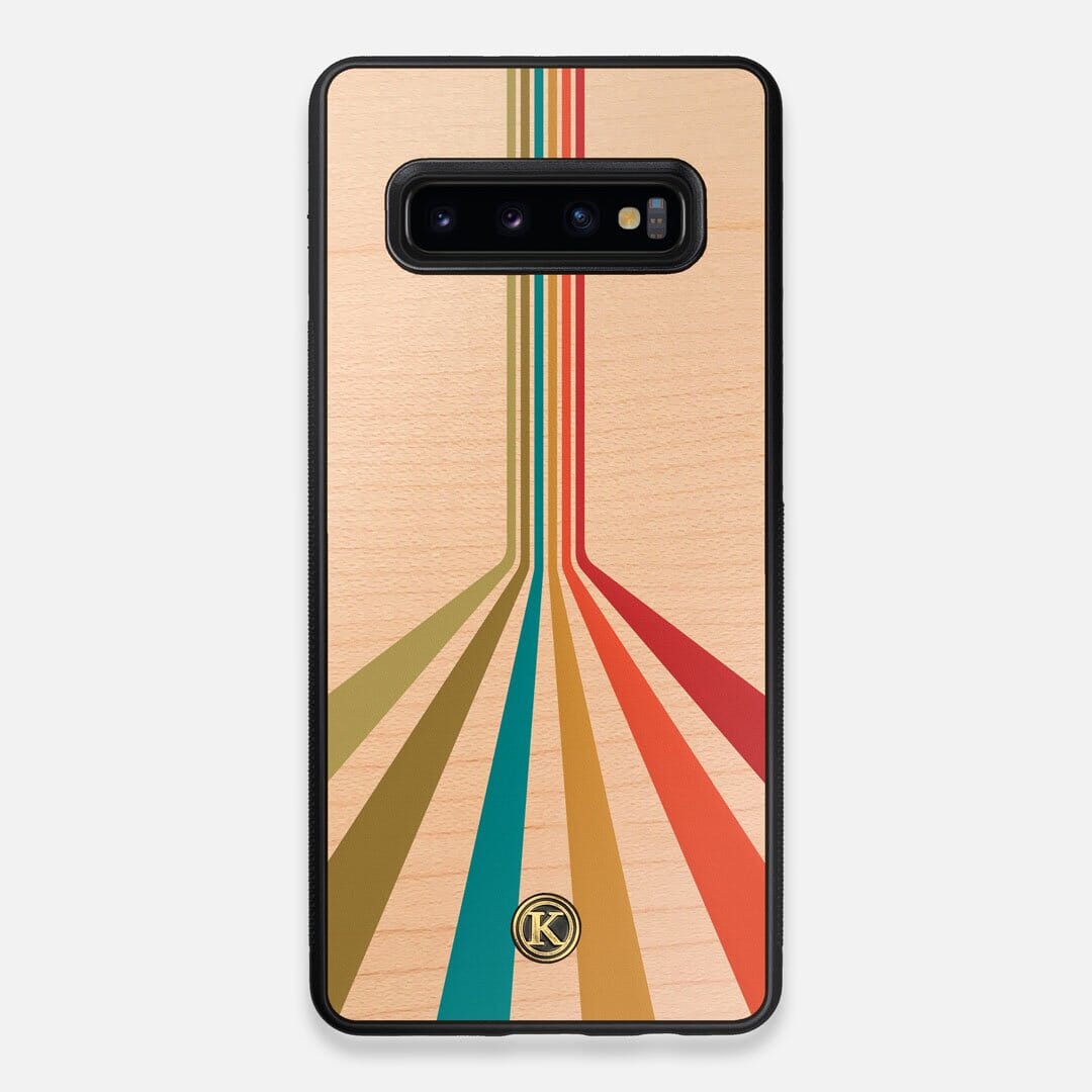 Front view of the array of colour beams splitting across the case printed on Maple wood Galaxy S10+ Case by Keyway Designs