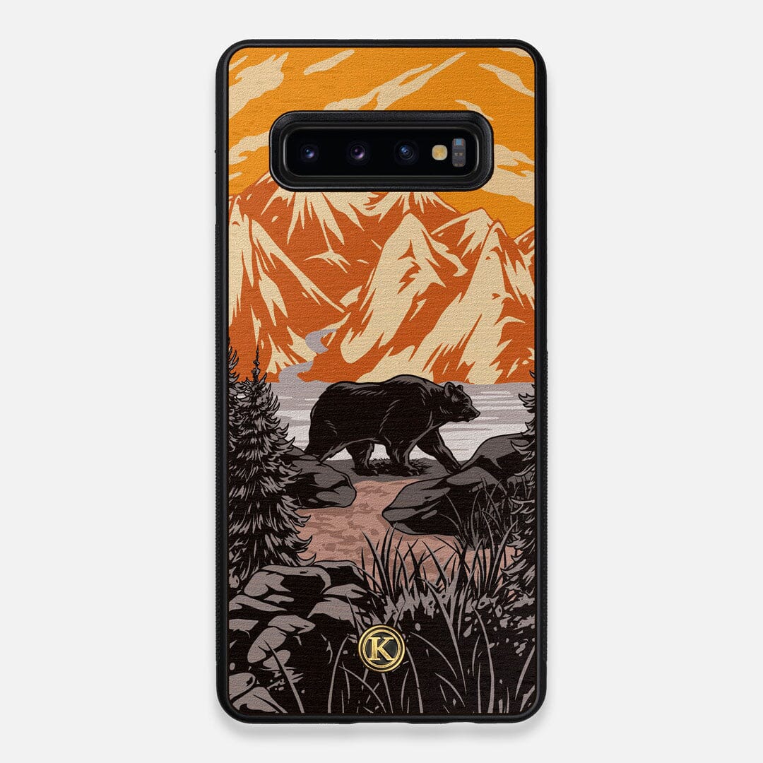 Front view of the stylized Kodiak bear in the mountains print on Wenge wood Galaxy S10+ Case by Keyway Designs