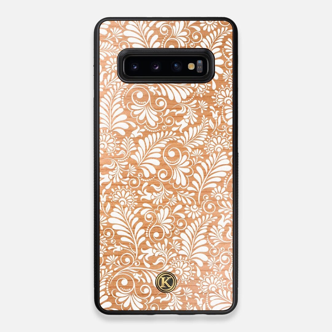 Front view of the white ink flowing botanical print on Cherry wood Galaxy S10+ Case by Keyway Designs
