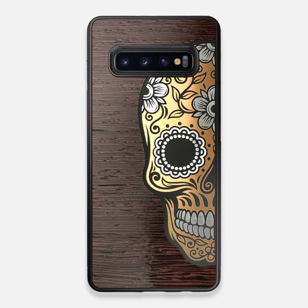 Front view of the Calavera Wood Sugar Skull Wood Galaxy S10+ Case by Keyway Designs