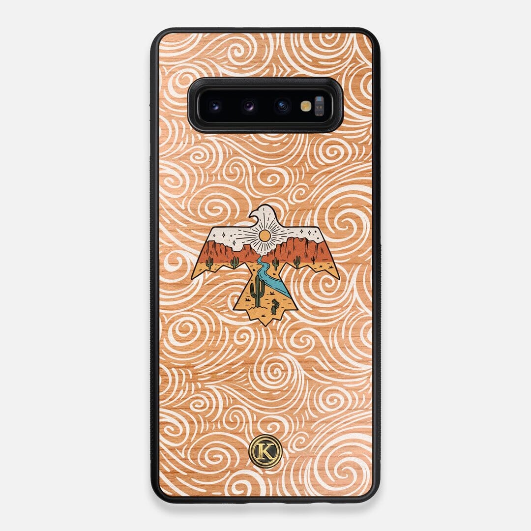 Front view of the double-exposure style eagle over flowing gusts of wind printed on Cherry wood Galaxy S10+ Case by Keyway Designs