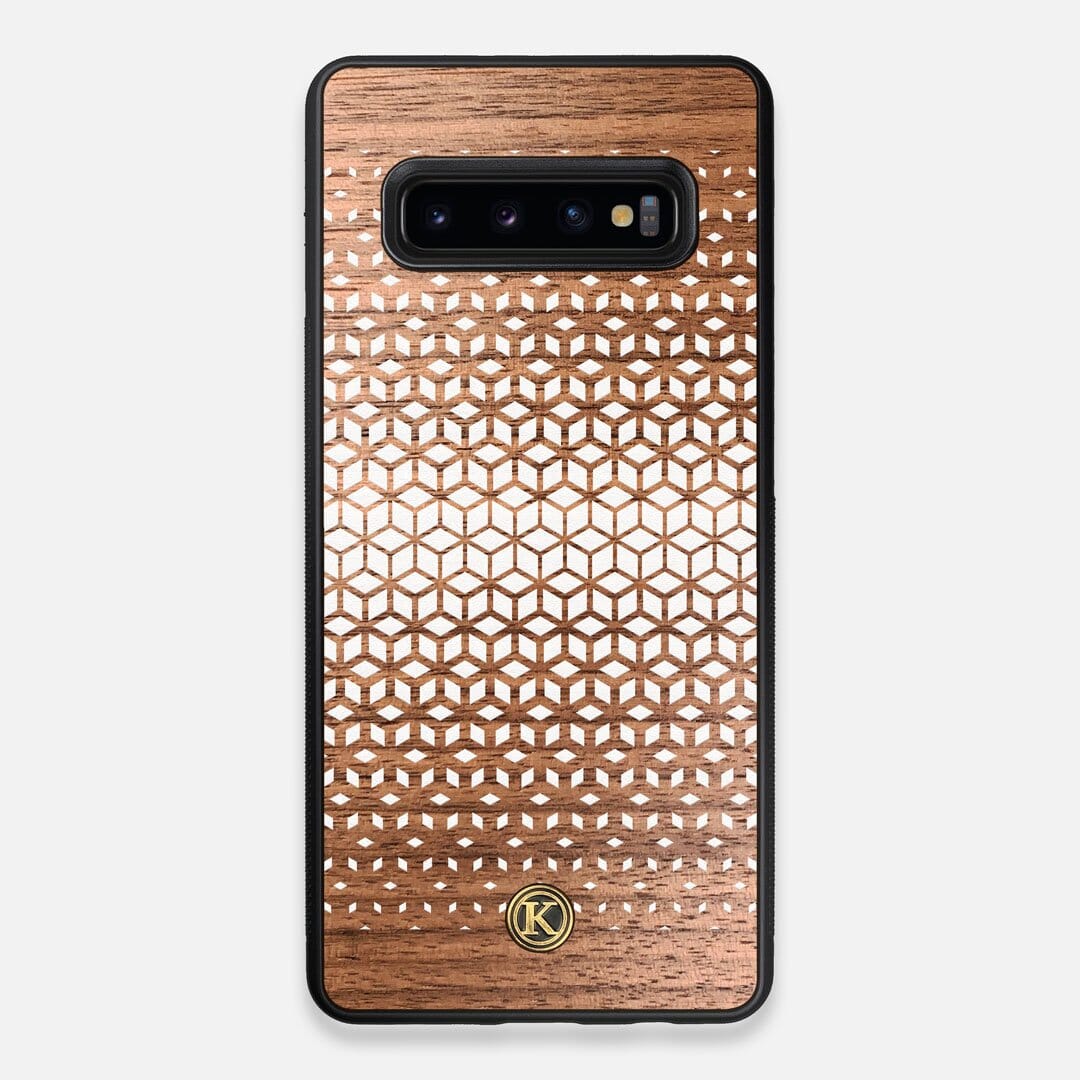 Front view of the white ink geometric gradient printed on Walnut wood Galaxy S10+ Case by Keyway Designs