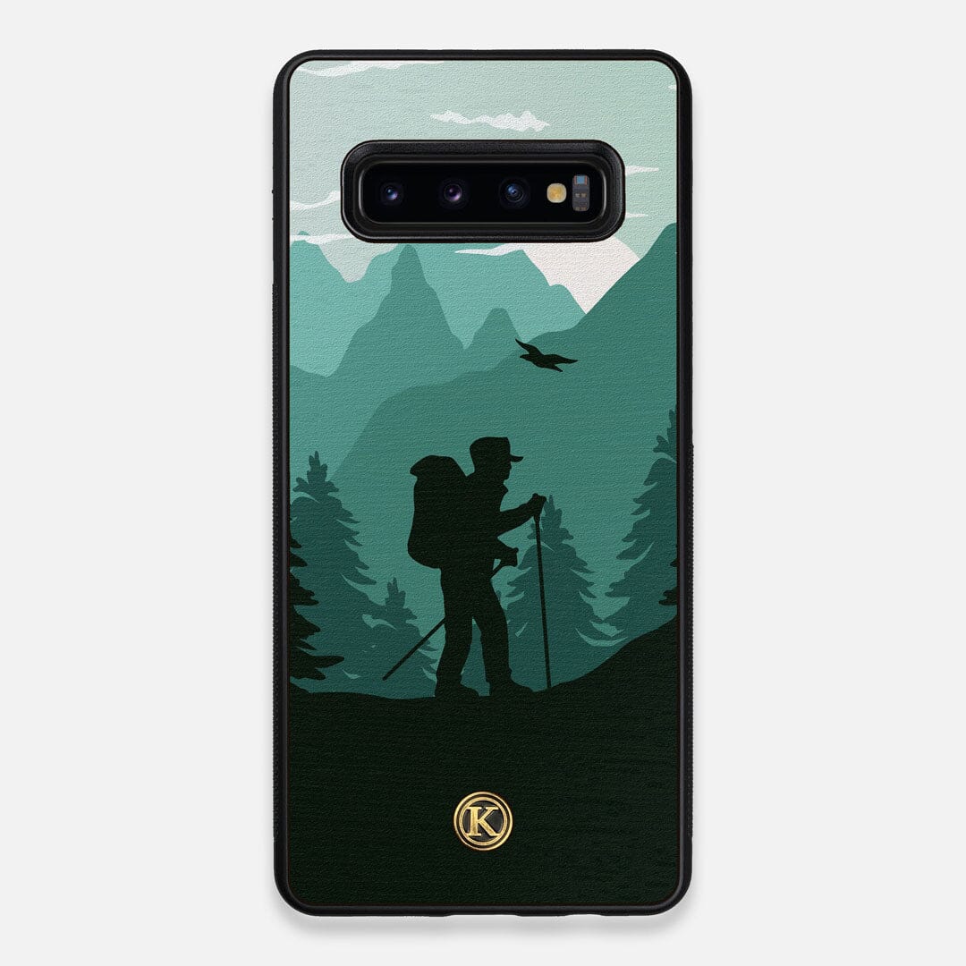 Front view of the stylized mountain hiker print on Wenge wood Galaxy S10+ Case by Keyway Designs