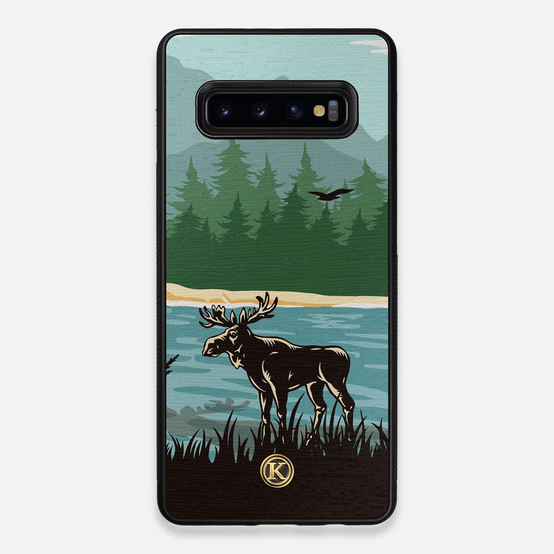 Front view of the stylized bull moose forest print on Wenge wood Galaxy S10+ Case by Keyway Designs