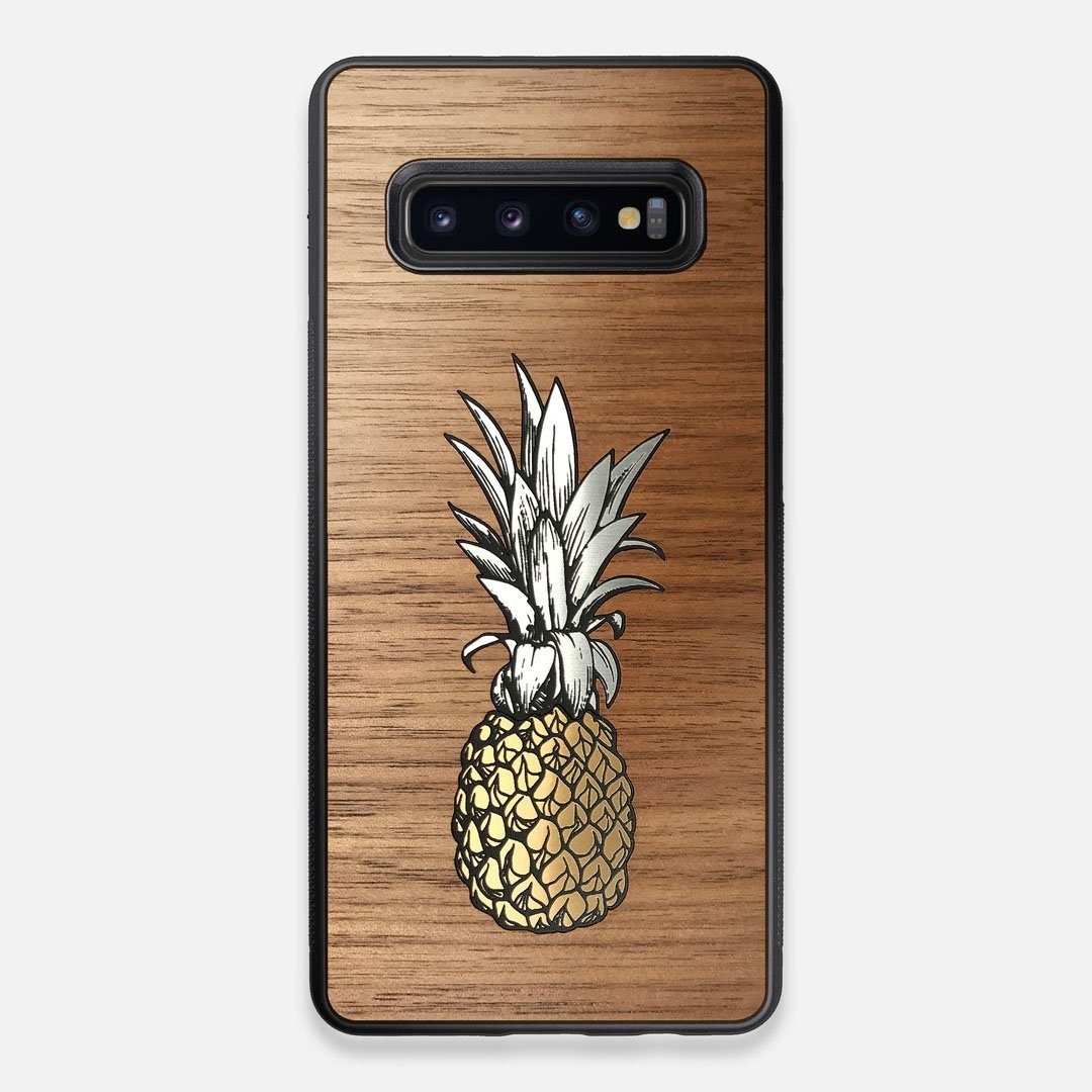 Front view of the Pineapple Walnut Wood Galaxy S10+ Case by Keyway Designs
