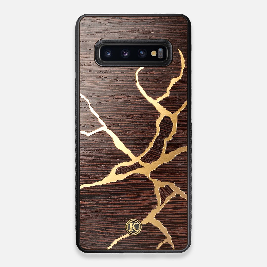 Front view of the Kintsugi inspired Gold and Wenge Wood Galaxy S10+ Case by Keyway Designs