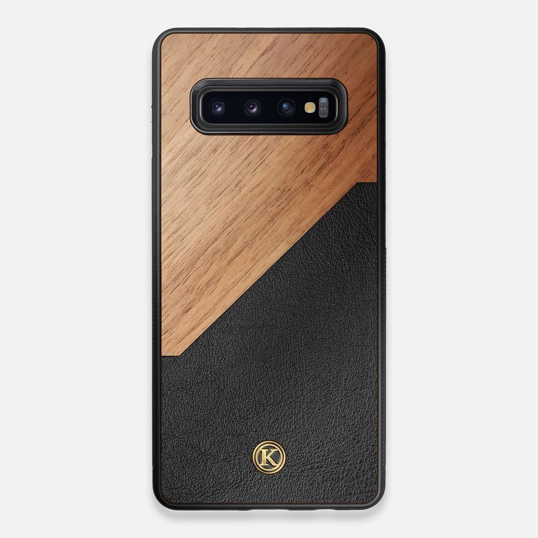Front view of the Walnut Rift Elegant Wood & Leather Galaxy S10+ Case by Keyway Designs