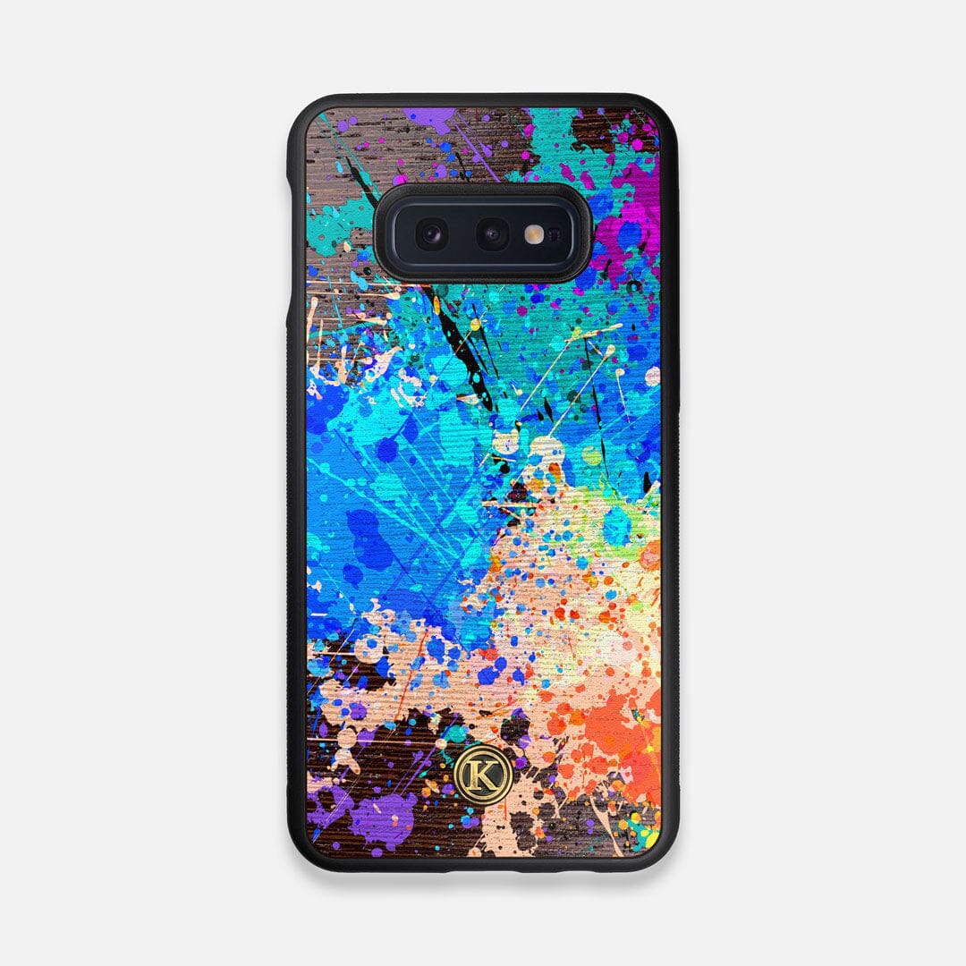 Front view of the realistic paint splatter 'Chroma' printed Wenge Wood Galaxy S10e Case by Keyway Designs