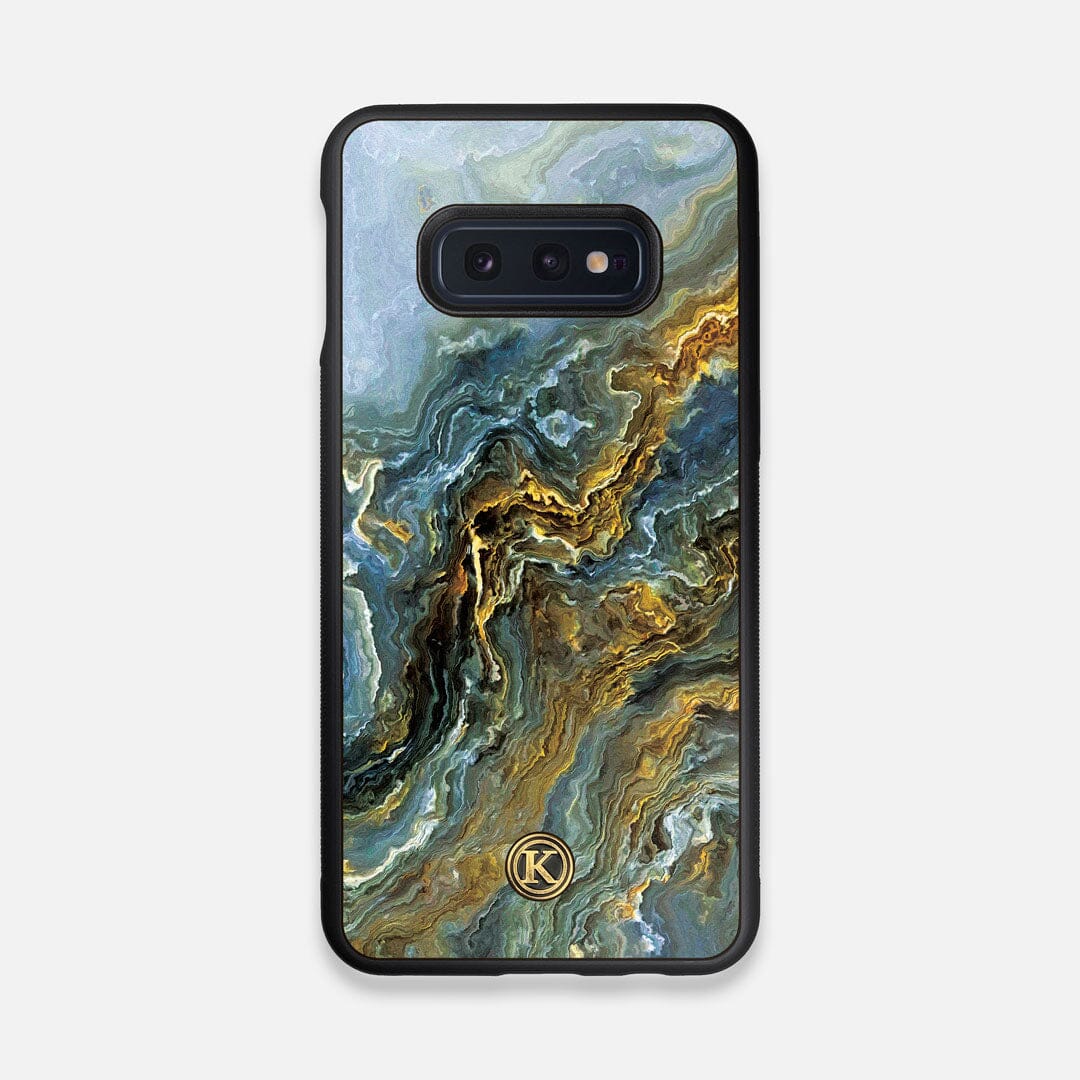 Front view of the vibrant and rich Blue & Gold flowing marble pattern printed Wenge Wood Galaxy S10e Case by Keyway Designs
