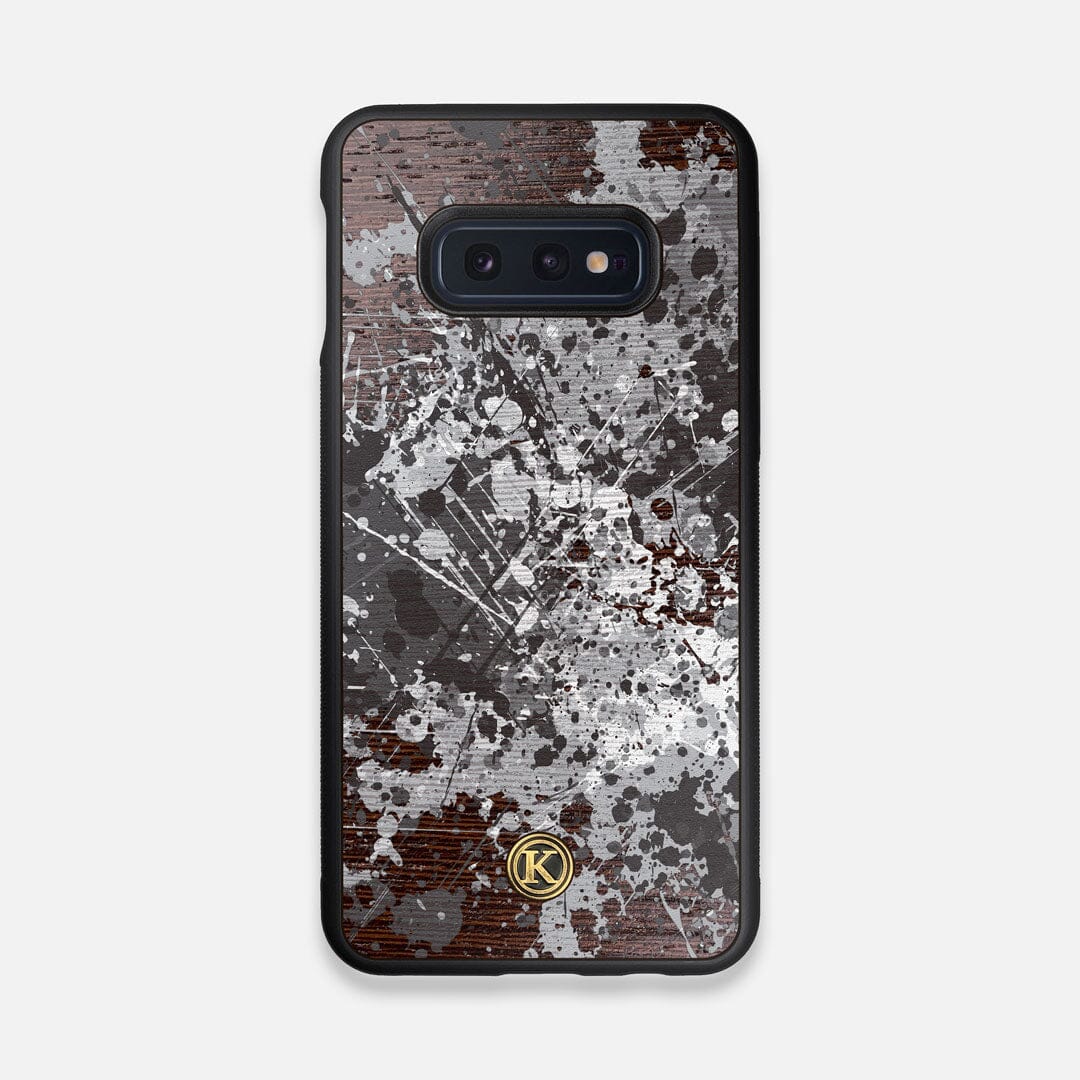 Front view of the aggressive, monochromatic splatter pattern overprintedprinted Wenge Wood Galaxy S10e Case by Keyway Designs