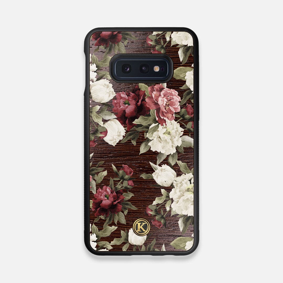 Front view of the Rose white and red rose printed Wenge Wood Galaxy S10e Case by Keyway Designs
