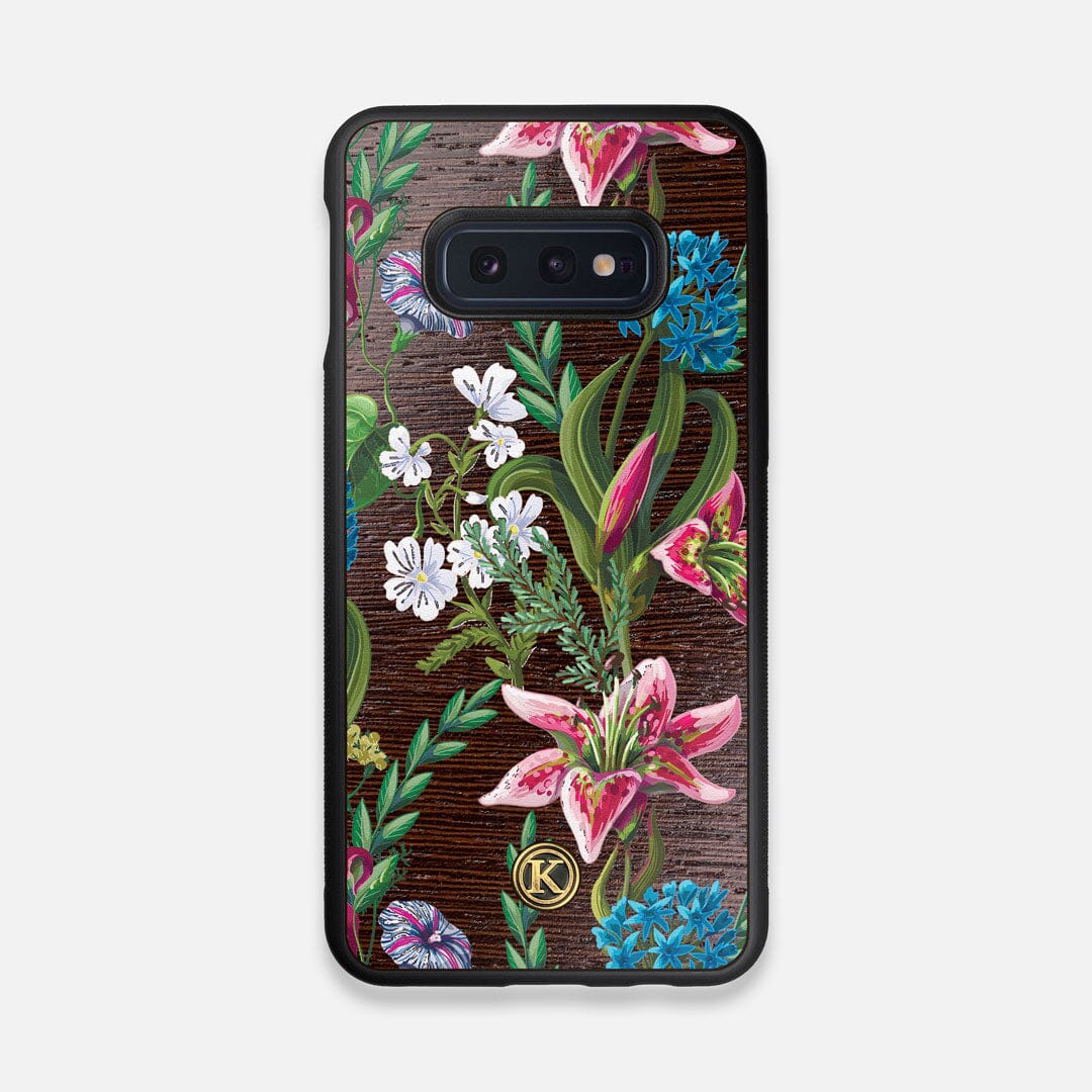 Front view of the Stargazer Lily printed Wenge Wood Galaxy S10e Case by Keyway Designs
