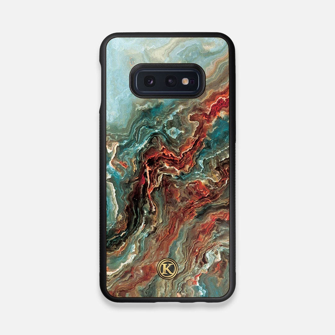 Front view of the vibrant and rich Red & Green flowing marble pattern printed Wenge Wood Galaxy S10e Case by Keyway Designs