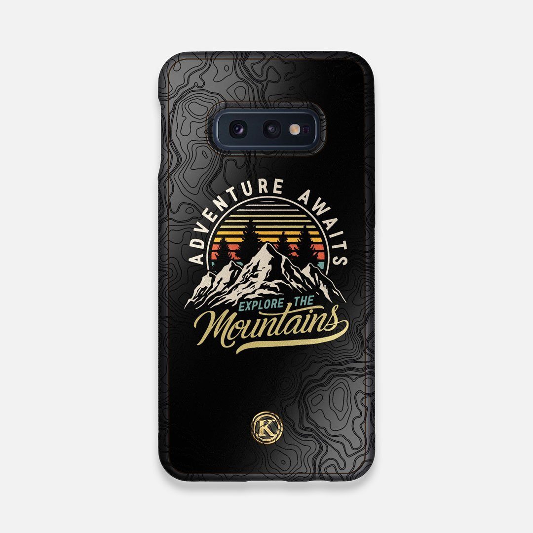 Front view of the crisp topographical map with Explorer badge printed on matte black impact acrylic Galaxy S10e Case by Keyway Designs