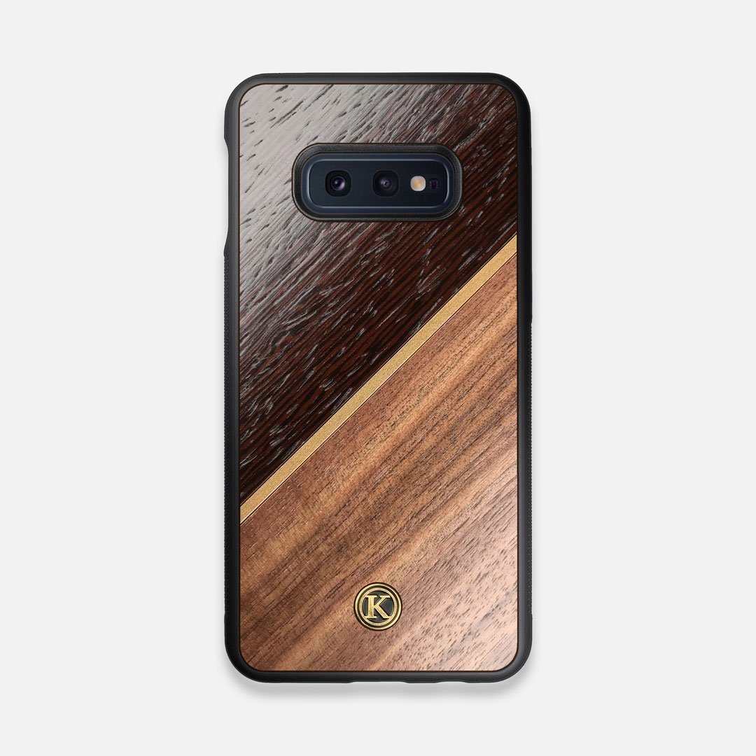Front view of the Alium Walnut, Gold, and Wenge Elegant Wood Galaxy S10e Case by Keyway Designs