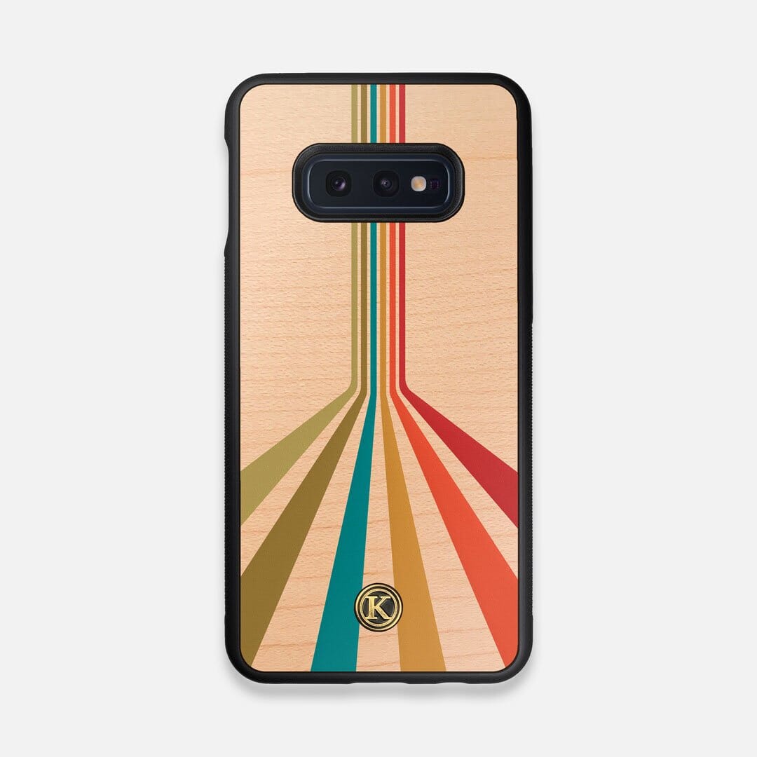 Front view of the array of colour beams splitting across the case printed on Maple wood Galaxy S10e Case by Keyway Designs