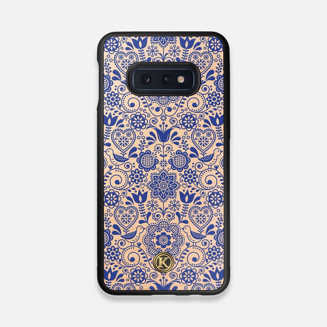 Front view of the blue floral pattern on maple wood Galaxy S10e Case by Keyway Designs