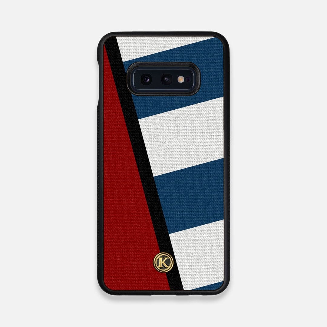 Front view of the Bluff Adventure Marker in the Wayfinder series UV-Printed thick cotton canvas Galaxy S10e Case by Keyway Designs