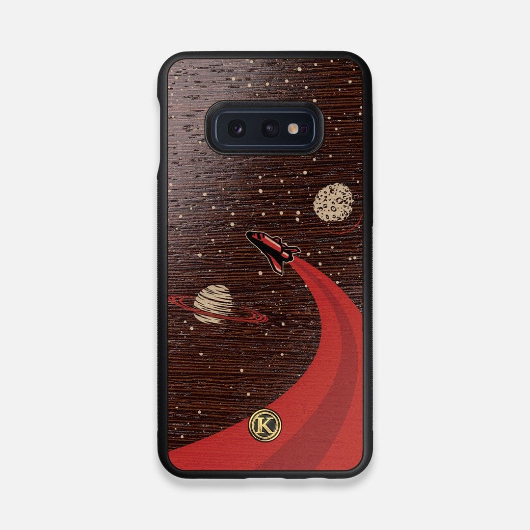 Front view of the stylized space shuttle boosting to saturn printed on Wenge wood Galaxy S10e Case by Keyway Designs