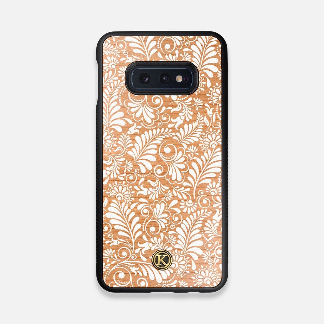 Front view of the white ink flowing botanical print on Cherry wood Galaxy S10e Case by Keyway Designs