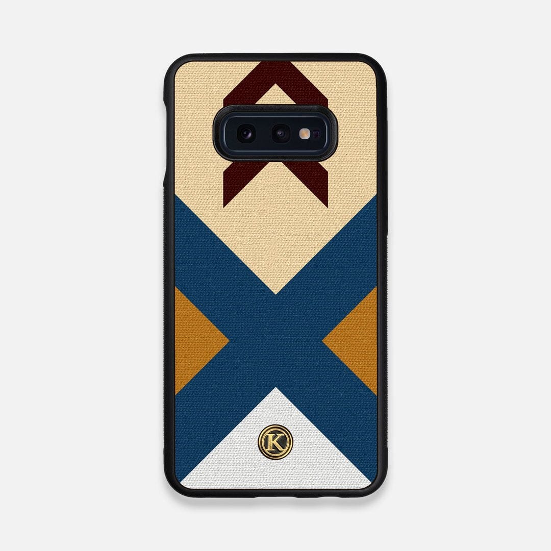 Front view of the Camp Adventure Marker in the Wayfinder series UV-Printed thick cotton canvas Galaxy S10e Case by Keyway Designs