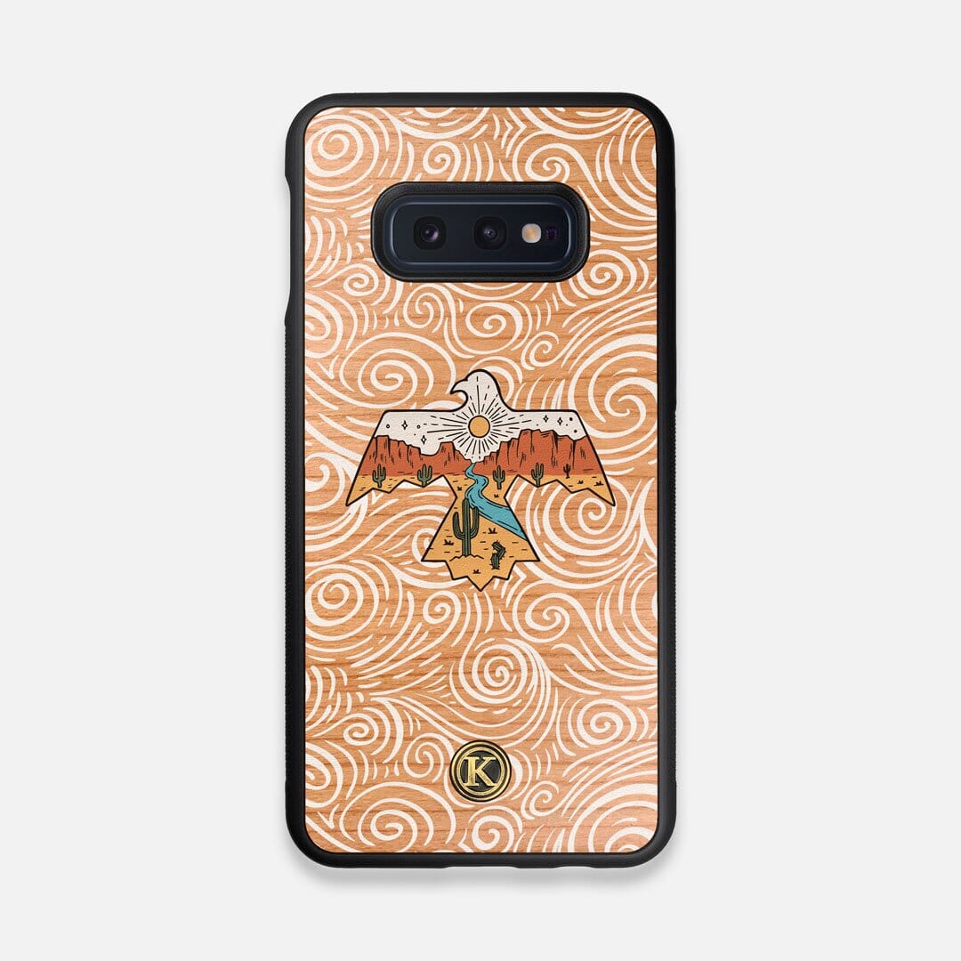 Front view of the double-exposure style eagle over flowing gusts of wind printed on Cherry wood Galaxy S10e Case by Keyway Designs