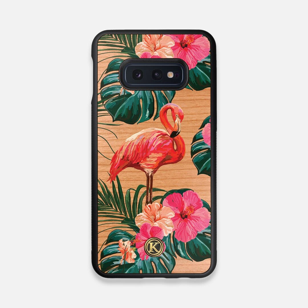 Front view of the Flamingo & Floral printed Cherry Wood Galaxy S10e Case by Keyway Designs