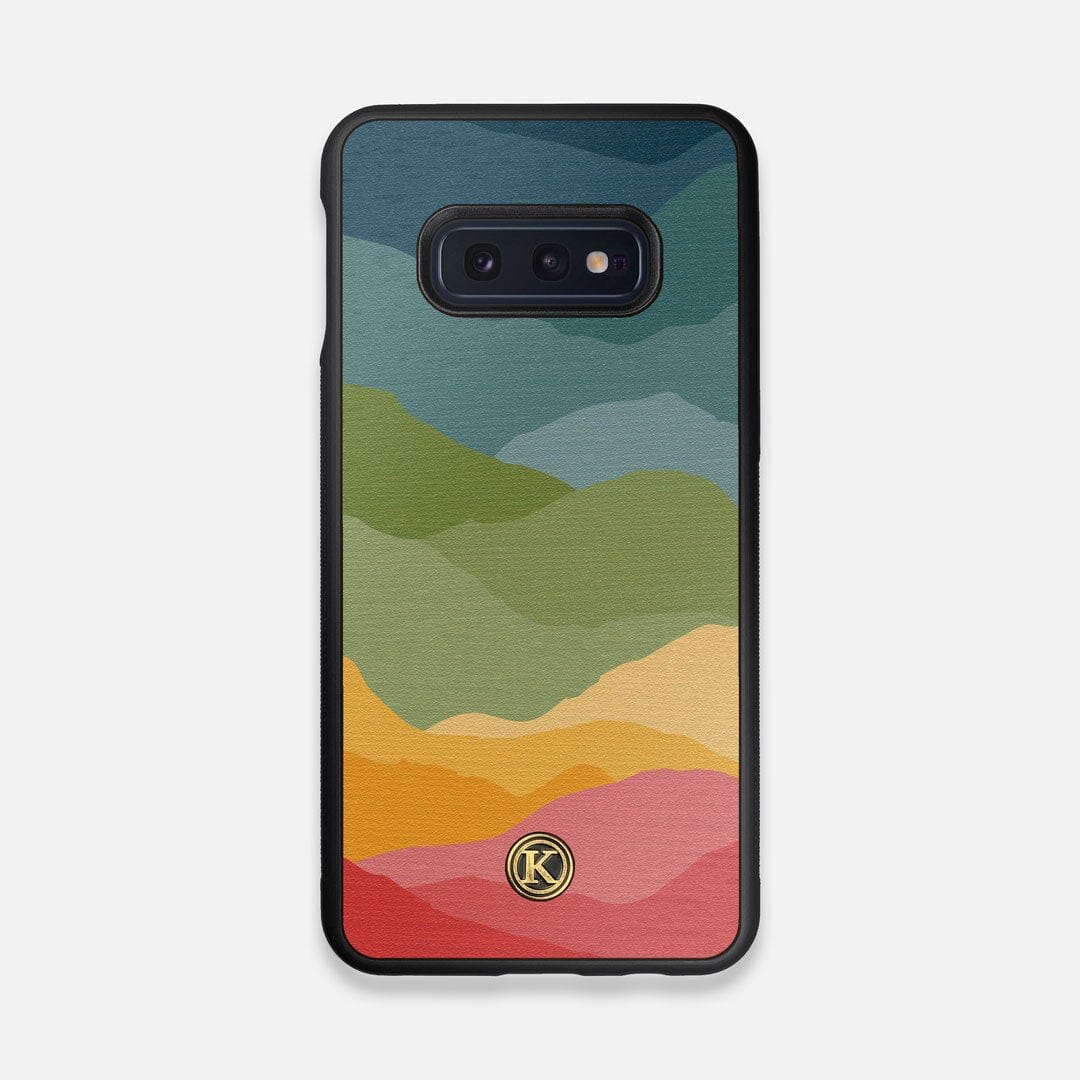 Front view of the vibrant flowing rainbow print on Wenge wood Galaxy S10e Case by Keyway Designs
