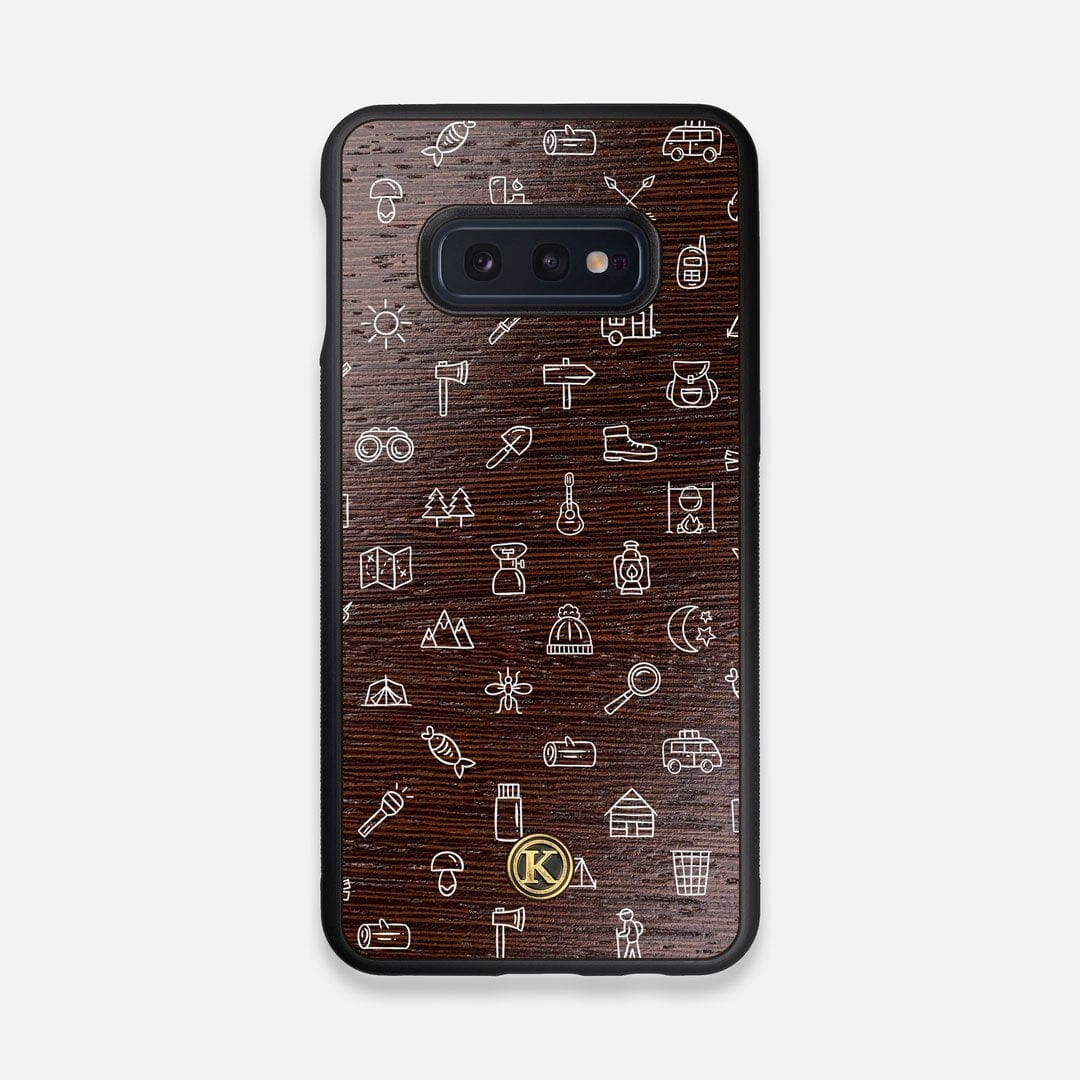 Front view of the fun detailed camping icon print on Wenge wood Galaxy S10e Case by Keyway Designs