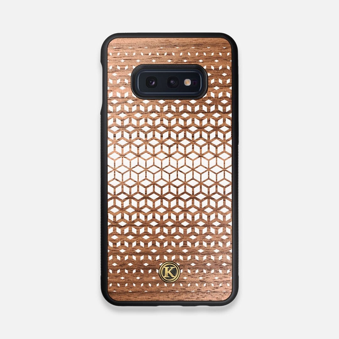 Front view of the white ink geometric gradient printed on Walnut wood Galaxy S10e Case by Keyway Designs