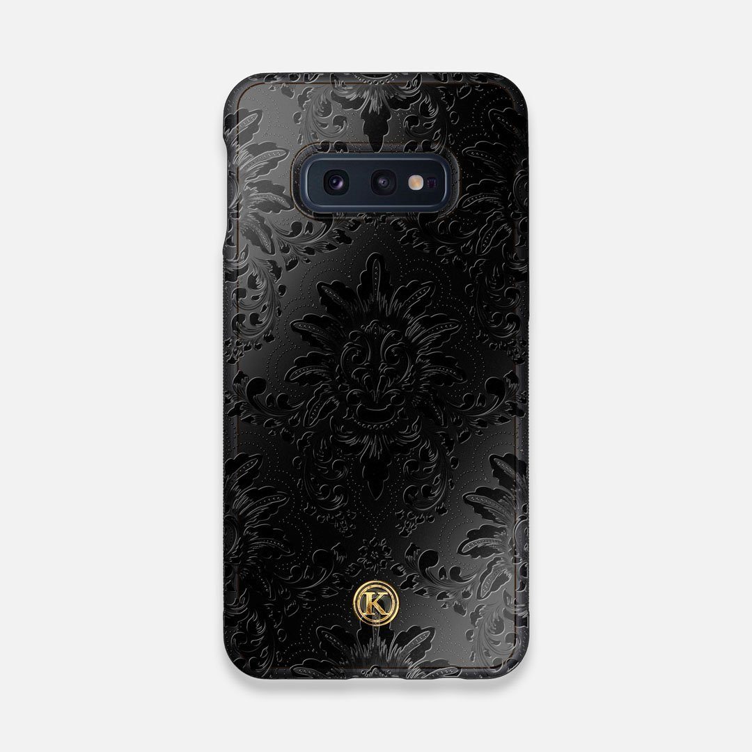 Front view of the detailed gloss Damask pattern printed on matte black impact acrylic Galaxy S10e Case by Keyway Designs