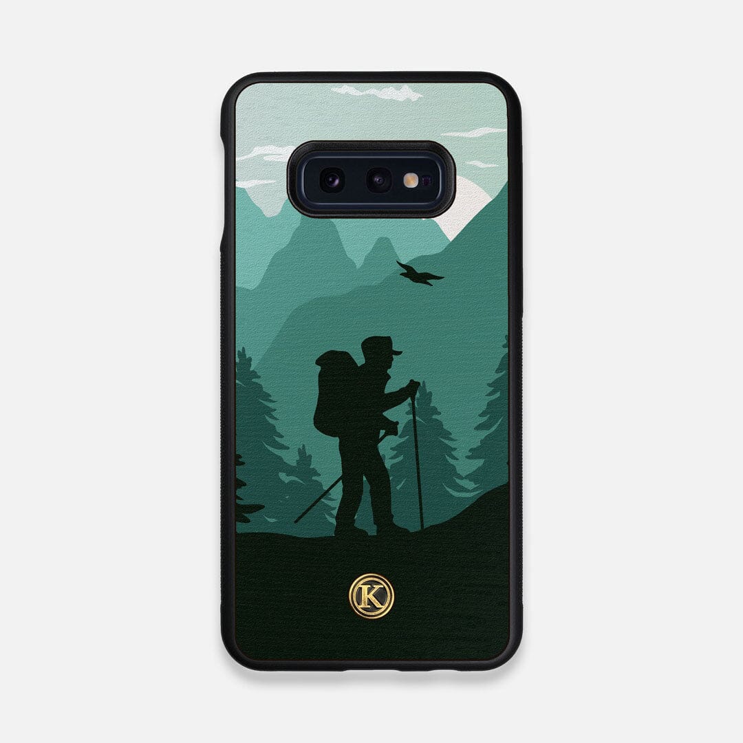 Front view of the stylized mountain hiker print on Wenge wood Galaxy S10e Case by Keyway Designs