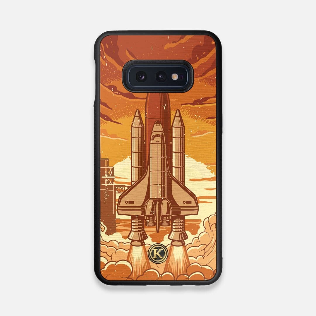 Front view of the vibrant stylized space shuttle launch print on Wenge wood Galaxy S10e Case by Keyway Designs