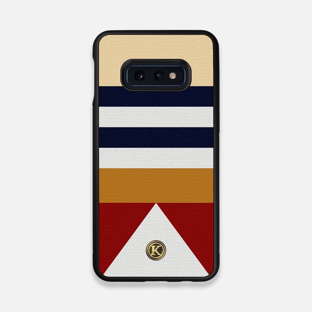 Front view of the Lodge Adventure Marker in the Wayfinder series UV-Printed thick cotton canvas Galaxy S10e Case by Keyway Designs