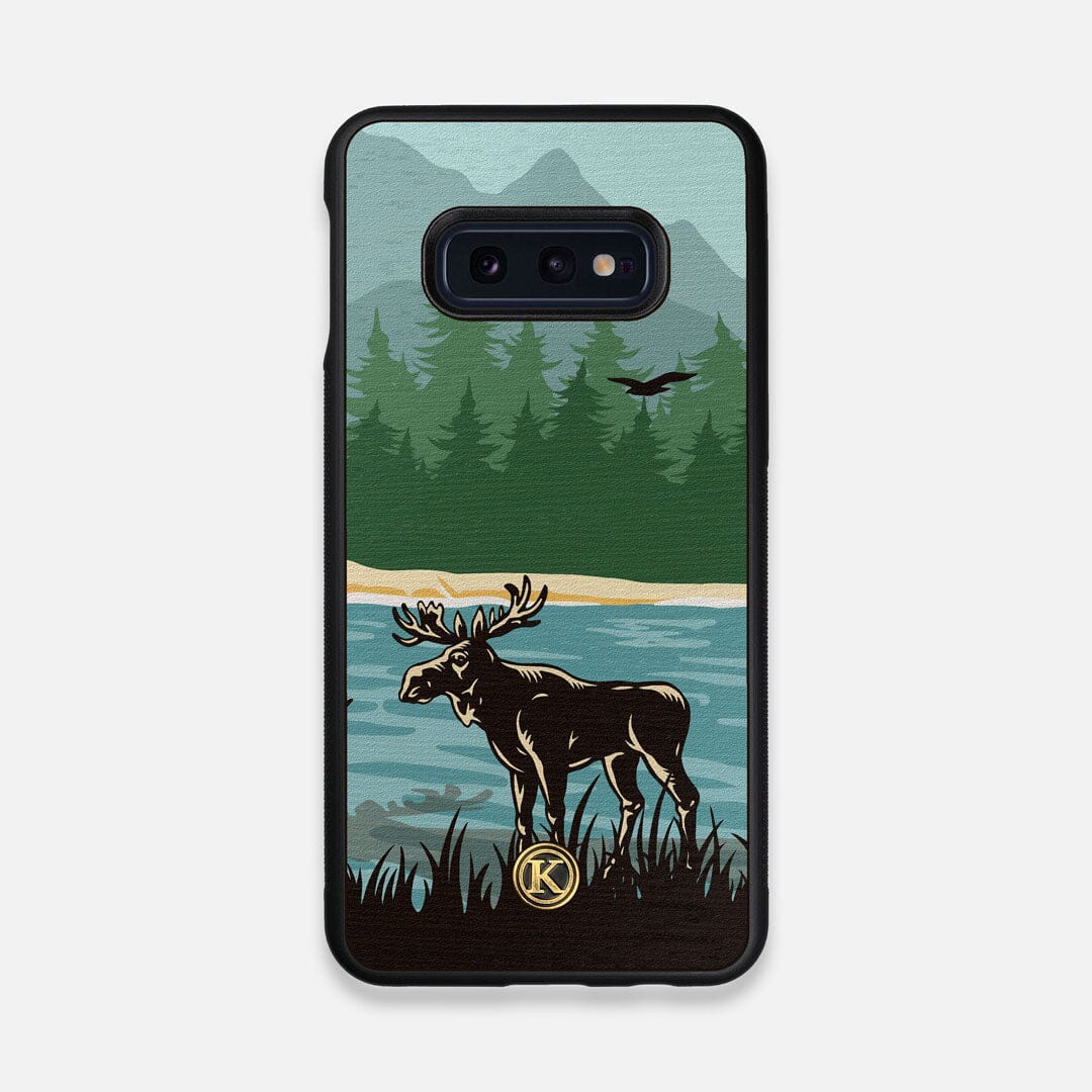 Front view of the stylized bull moose forest print on Wenge wood Galaxy S10e Case by Keyway Designs