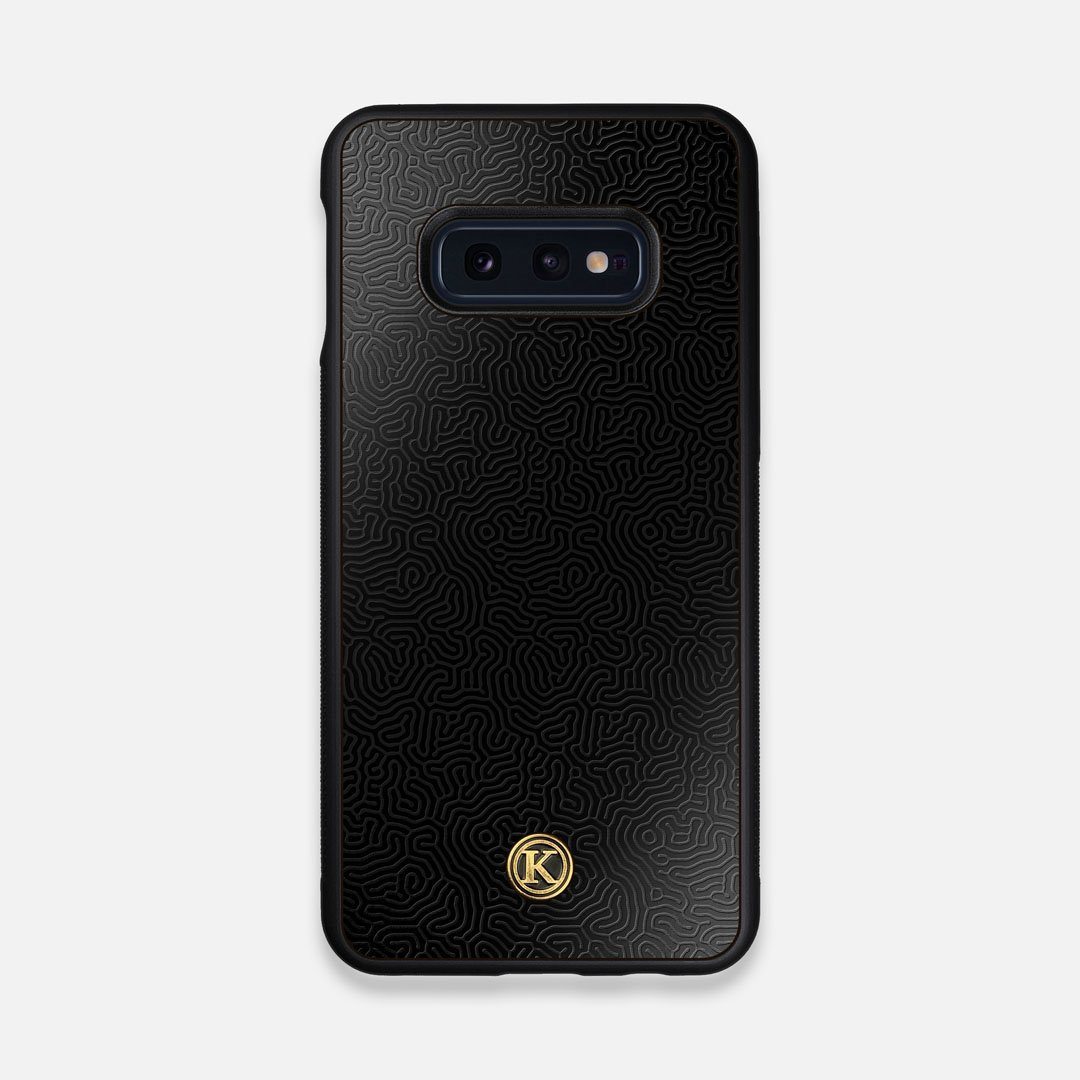 Front view of the highly detailed organic growth engraving on matte black impact acrylic Galaxy S10e Case by Keyway Designs