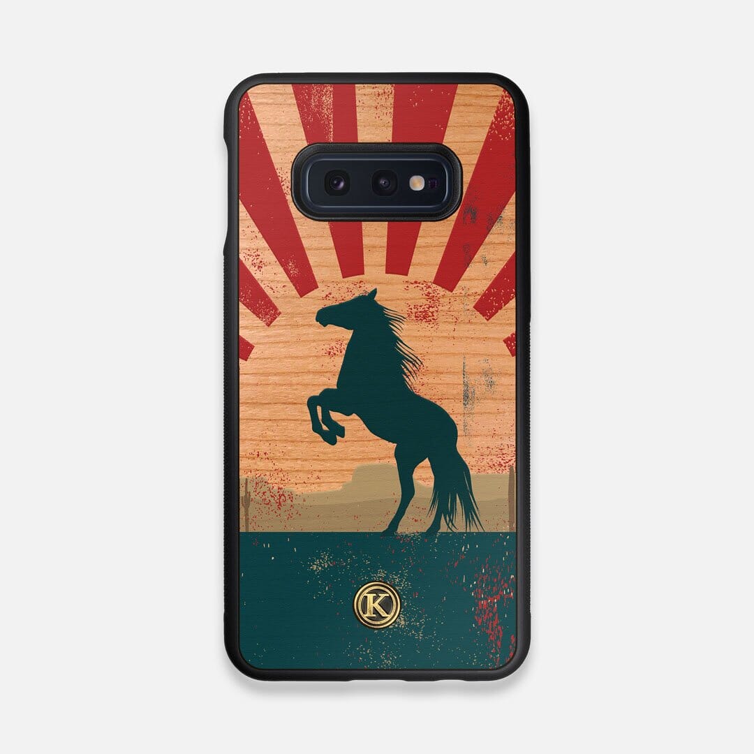 Front view of the epic mustang rearing up printed on Cherry wood Galaxy S10e Case by Keyway Designs