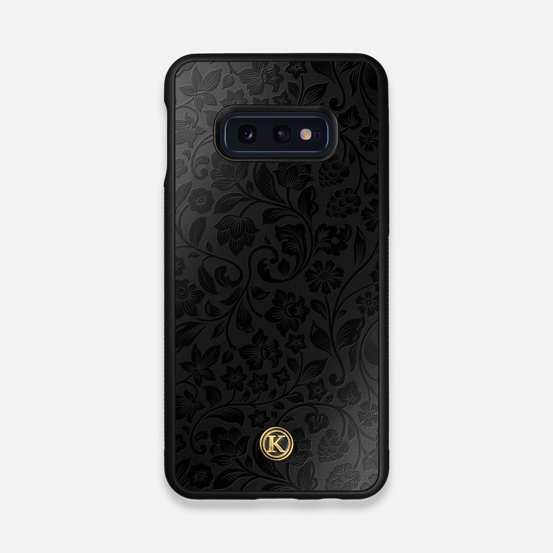 Front view of the highly detailed midnight floral engraving on matte black impact acrylic Galaxy S10e Case by Keyway Designs