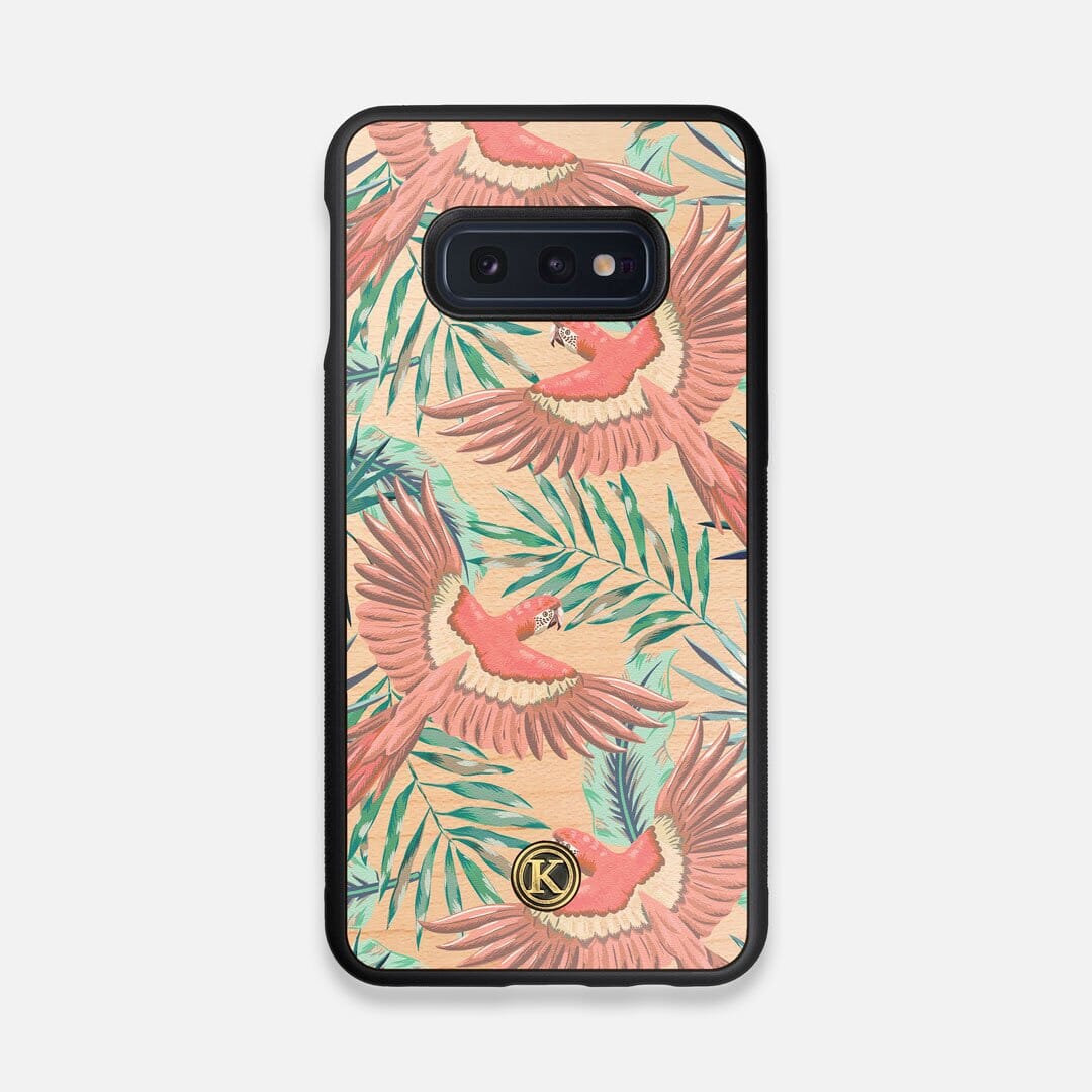 Front view of the Paradise Macaw and Tropical Leaf printed Maple Wood Galaxy S10e Case by Keyway Designs
