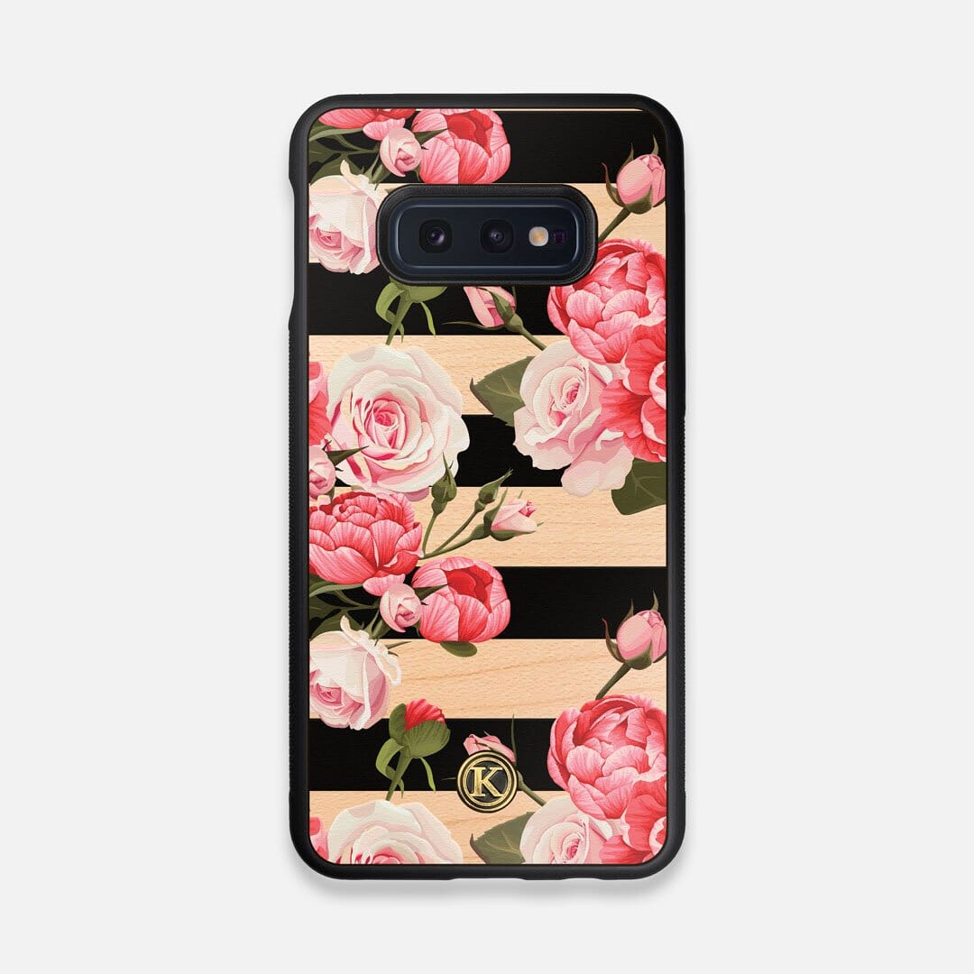 Front view of the artsy print of stripes with peonys and roses on Maple wood Galaxy S10e Case by Keyway Designs