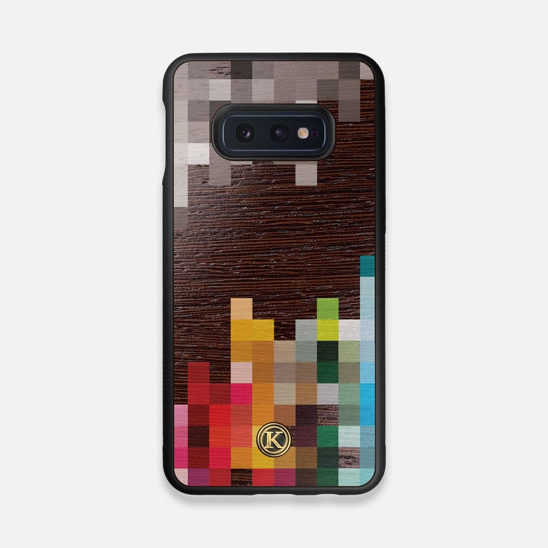 Front view of the digital art inspired pixelation design on Wenge wood Galaxy S10e Case by Keyway Designs