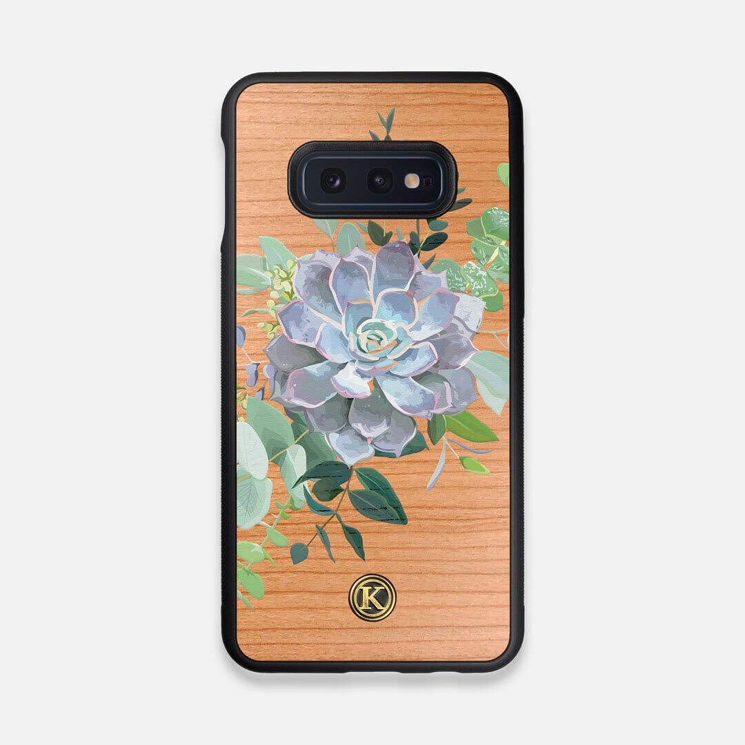 Front view of the print centering around a succulent, Echeveria Pollux on Cherry wood Galaxy S10e Case by Keyway Designs