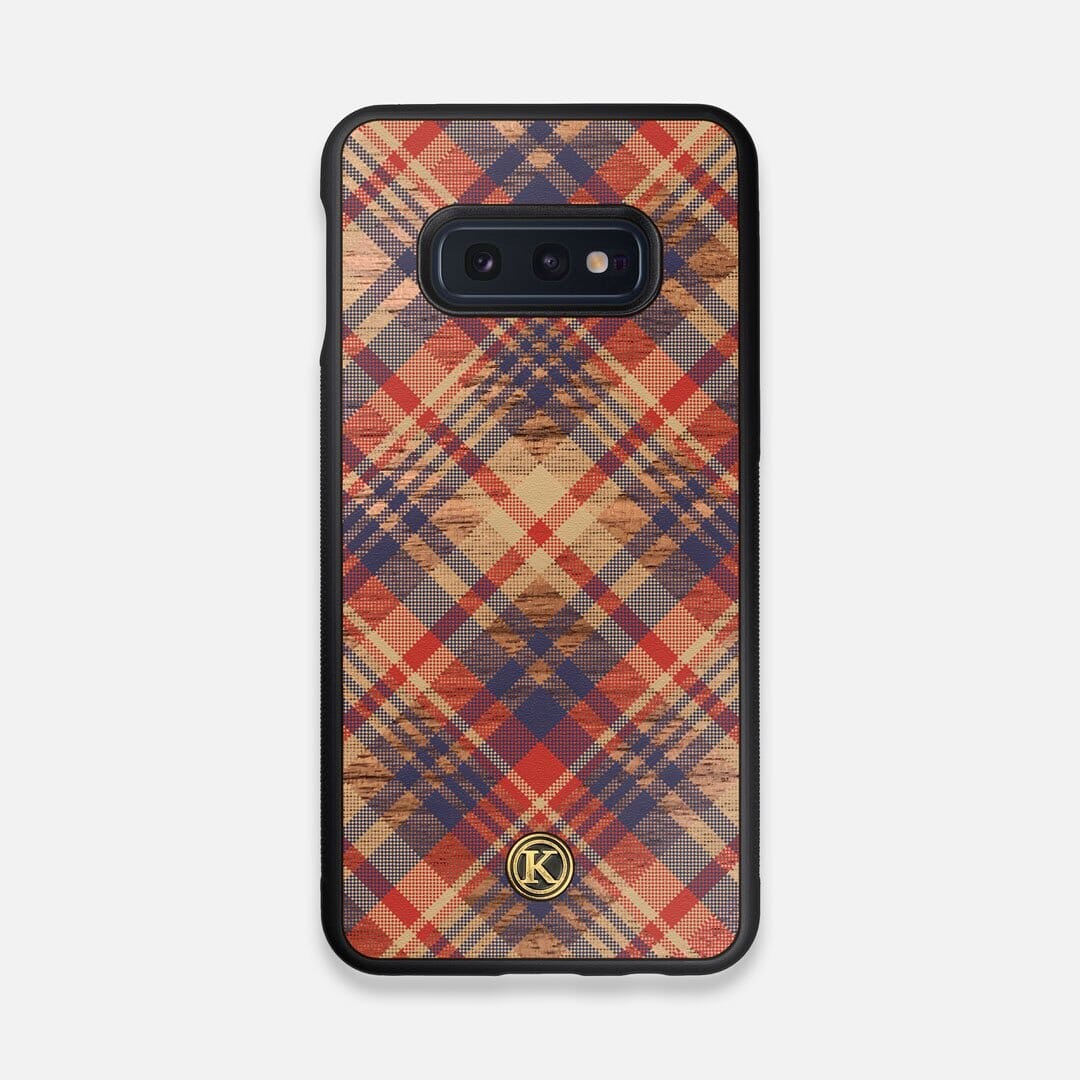 Front view of the Tartan print of beige, blue, and red on Walnut wood Galaxy S10e Case by Keyway Designs