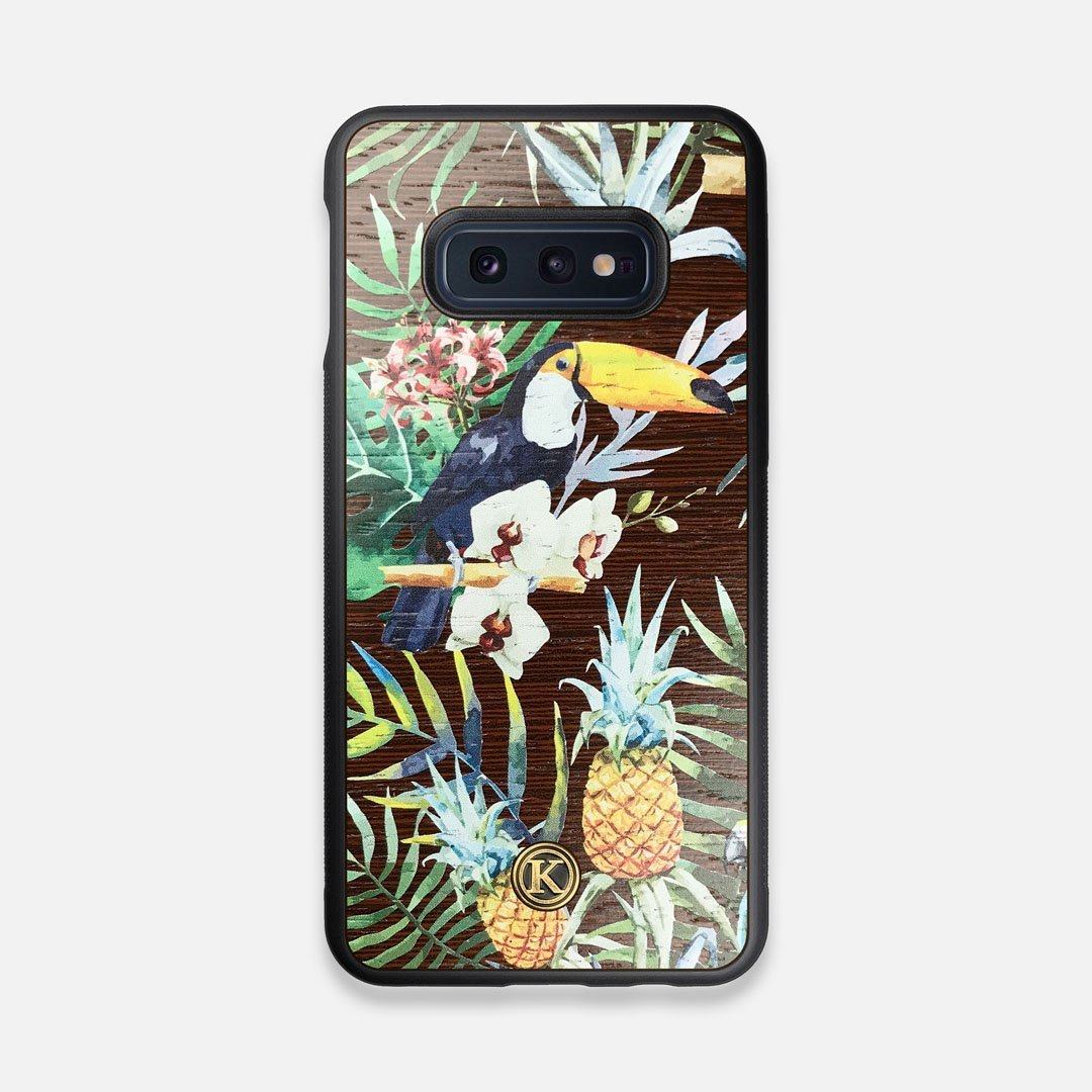 Front view of the Tropic Toucan and leaf printed Wenge Wood Galaxy S10e Case by Keyway Designs