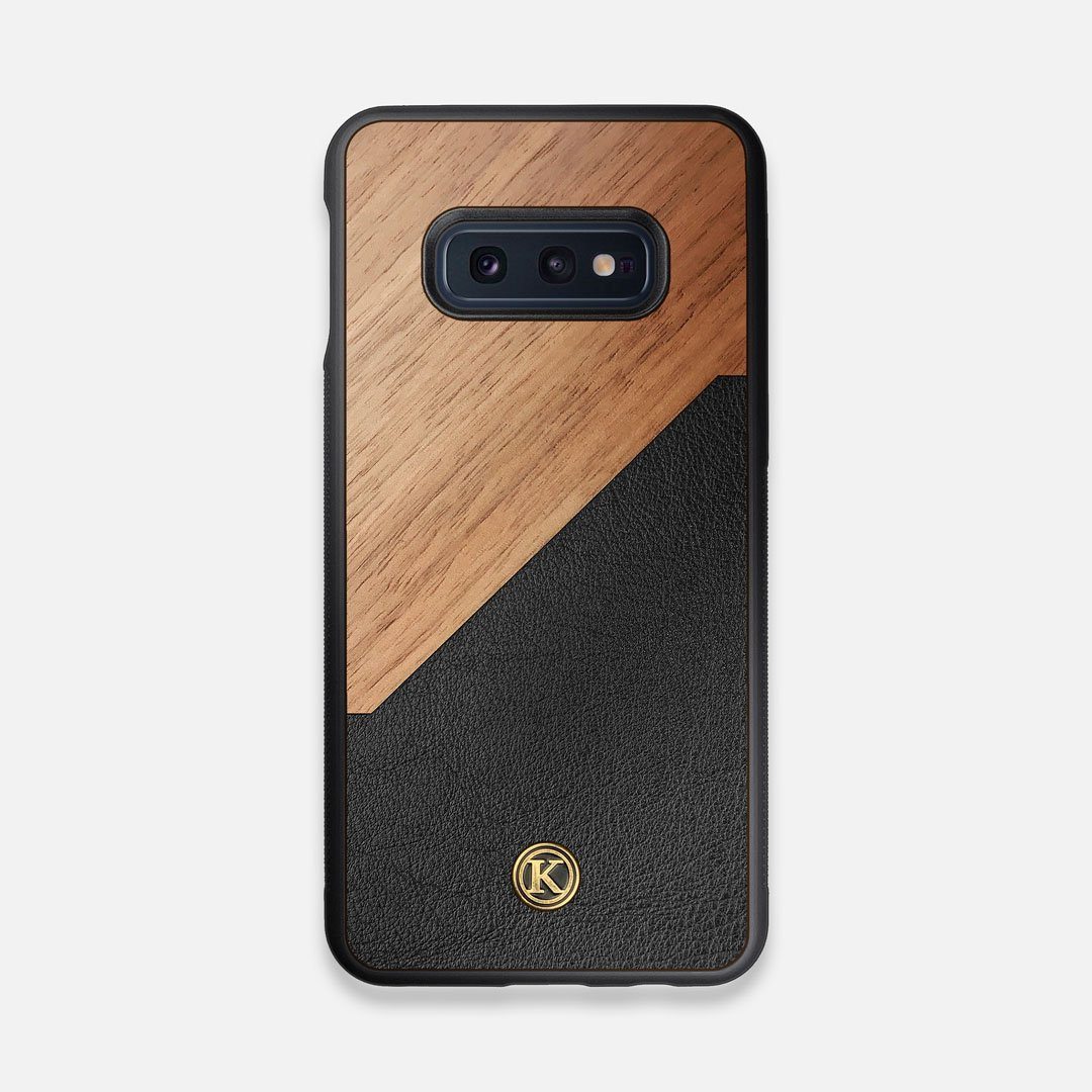 Front view of the Walnut Rift Elegant Wood & Leather Galaxy S10e Case by Keyway Designs