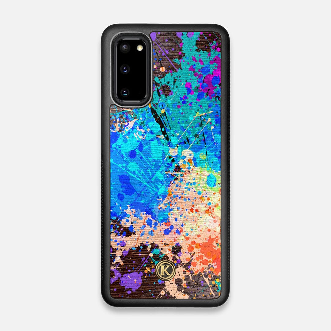 Front view of the realistic paint splatter 'Chroma' printed Wenge Wood Galaxy S20 Case by Keyway Designs