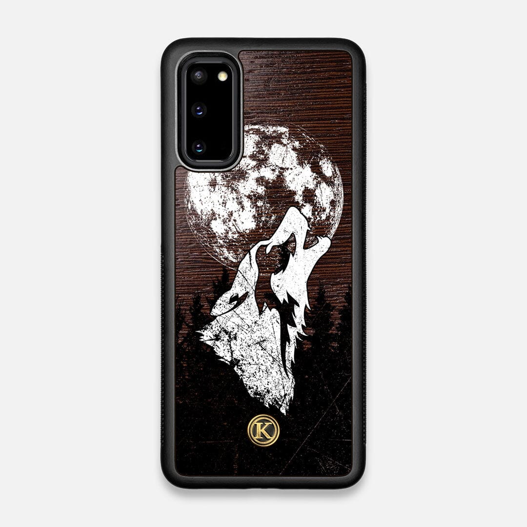 Front view of the high-contrast howling wolf on a full moon printed on a Wenge Wood Galaxy S20 Case by Keyway Designs